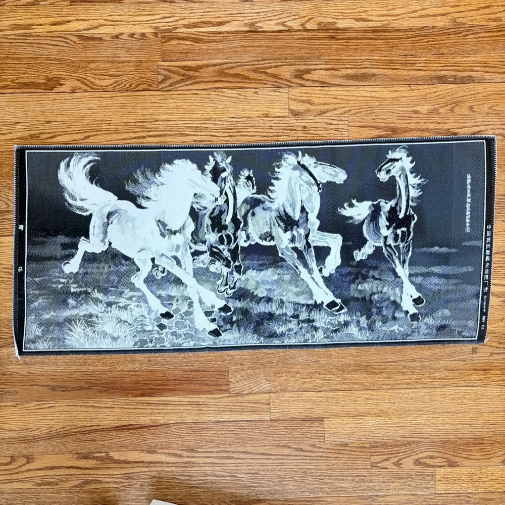 Vintage Chinese Woven Tapestry Galloping Horses Black White Wall Art 38x16